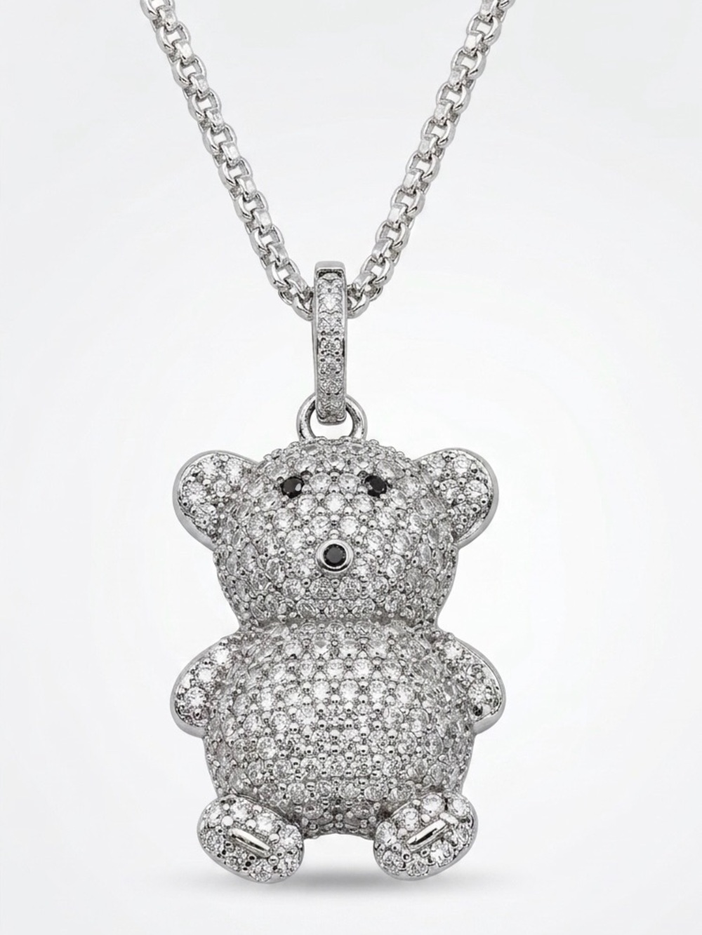 Sterling Silver Pave Teddy Bear Pendant Necklace - Venetian Link 18" Chain